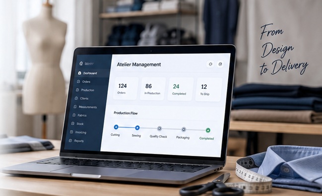 Laptop displaying a workshop management interface in a tailoring atelier